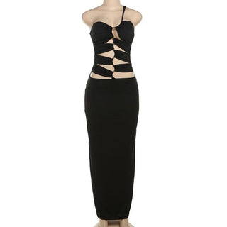 One shoulder hollow out metal applique cut out maxi dress