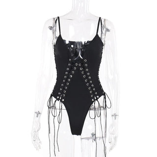 V neck lace up hollow out solid cami bodysuit