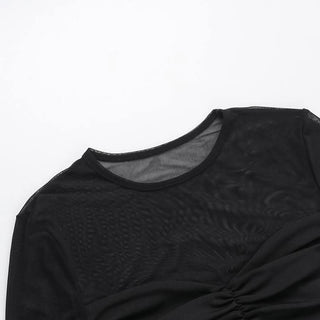 Long sleeve mesh patchwork ruched mini dress