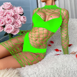 Long sleeve high neck fishnet hollow out lingerie set