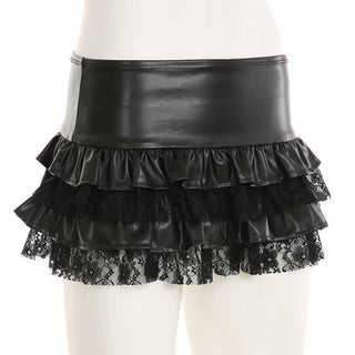 PU leather lace patchwork ruched mini skirt