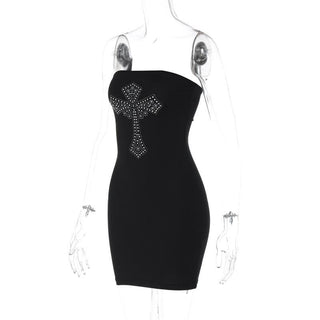 Cross pattern beaded backless tube mini dress