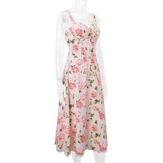 Rose print knotted ruched lace hem cami midi dress