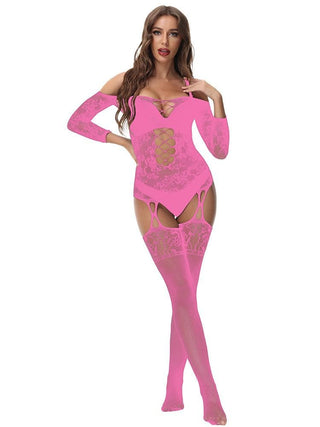 Long sleeve off shoulder lace fishnet strappy bodystocking