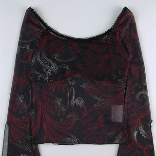 Long flared sleeve abstract mesh top
