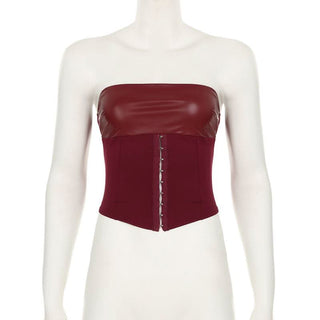 Lace up PU leather button corset solid tube top