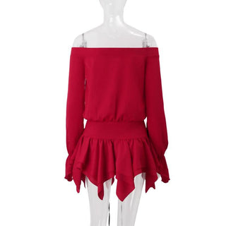 Off shoulder long sleeve ruffle lace up mini dress