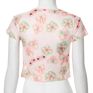 Crew neck short sleeve print crop top