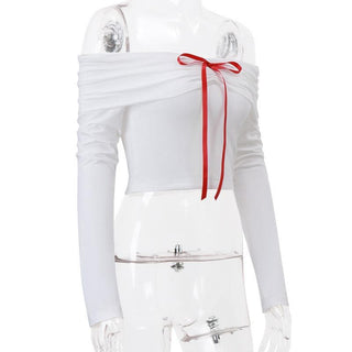 Long sleeve off shoulder bowknot ribbon top