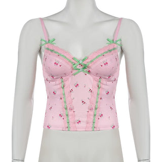Flower print lace hem bowknot cami top