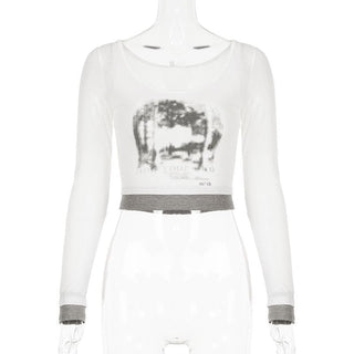 Long sleeve round neck patchwork crop top