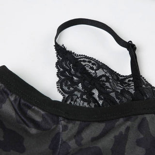 Leopard print long sleeve lace hem off shoulder top