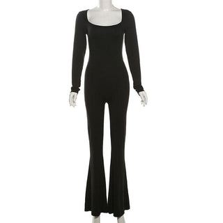 Long sleeve u neck backless self tie solid jumpsuit