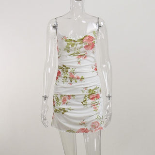 Cowl neck sheer mesh flower print ruffle cami mini dress