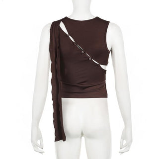 Irregular crewneck button hollow out cut out top