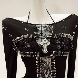 Long sleeve beaded pin applique print top