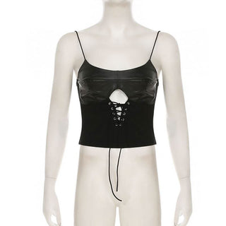 PU leather patchwork lace up cami top