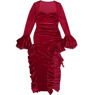 Long flared sleeve velvet ruffle slit midi dress