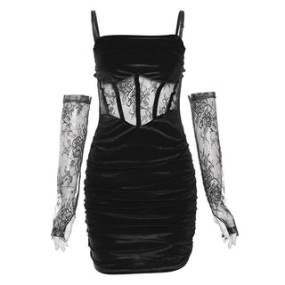 Velvet ruched lace gloves cami mini dress