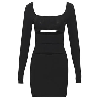 U neck long sleeve hollow out backless cut out mini dress