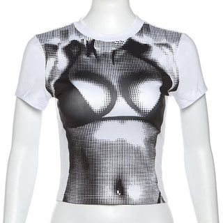 Short sleeve crewneck body print crop top