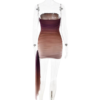 Ruched gradient mesh backless tube mini dress