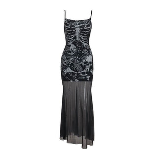 U neck skull print mesh backless cami maxi dress