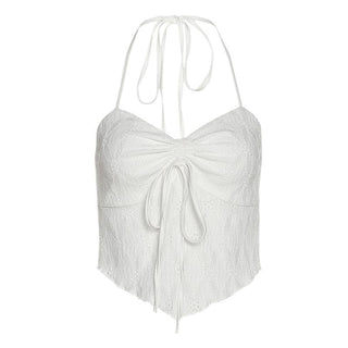 Backless self tie textured halter sleeveless ruffle crop top