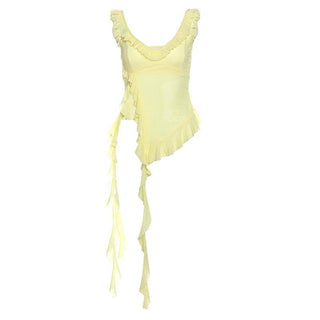 U neck ruffle slit sheer mesh solid cami top