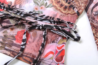 V neck long sleeve sheer mesh self tie print top