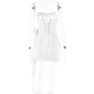 U neck bustier ruffle flower applique tube mini dress