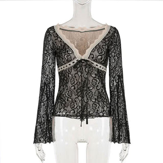 Long flared sleeve lace bowknot top