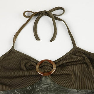 Ruched buckle print mesh ruffle cami top
