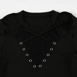 Long sleeve cross front hollow out fishnet patchwork cut out top