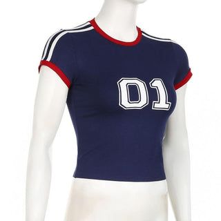 Short sleeve stitch numeral print top