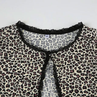 Leopard print long sleeve mesh crop top