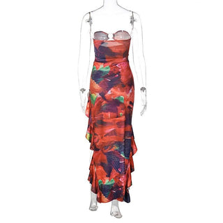 Ruffle o ring hollow out ruched irregular tube cut out midi dress