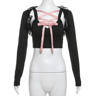 Long sleeve lace hem lace up shrug 2 piece top