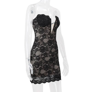 Lace hem beaded backless zip-up tube mini dress