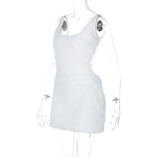 U neck fluffy zip-up backless cami mini dress