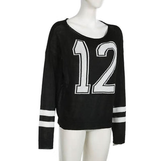 Long sleeve off shoulder "12" print knitted top