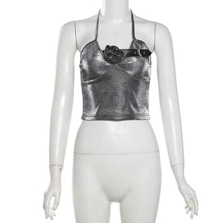 Self tie halter flower applique backless top