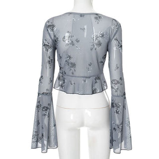 Long flared sleeve v neck self tie ruffle flower print top