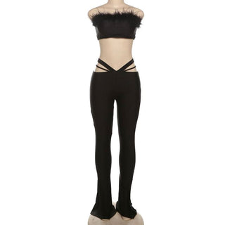 Feather hollow out low rise solid tube pant set