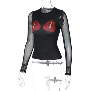 Long sleeve mesh crewneck flower pattern patchwork top