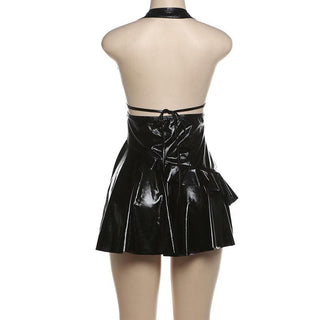 Halter PU leather lace patchwork ruched drawstring mini dress