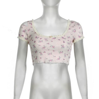 Short sleeve lace hem flower applique print textured crop top