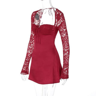 Long sleeve lace knotted ruched solid mini dress