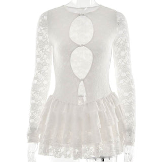 Long sleeve lace hollow out ruffle cut out mini dress