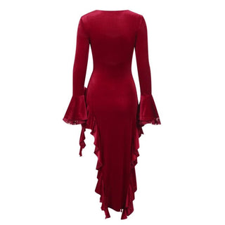 Long flared sleeve velvet ruffle slit midi dress